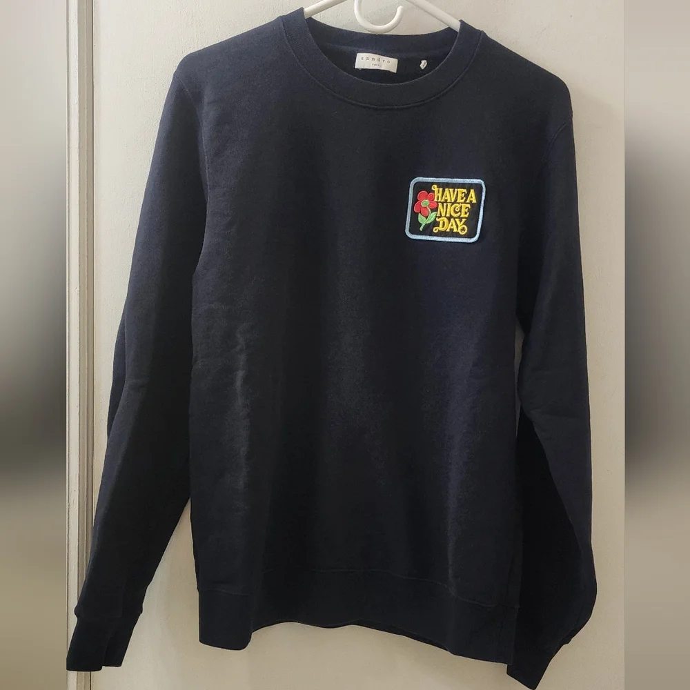 Sandro Paris avy Black Sweater with Patch, Size Small.‎